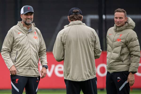 LIVERPOOL, ENGLAND - Tuesday, September 14, 2021: Liverpool's manager Jürgen Klopp (L) and first-team development coach Pepijn Lijnders (R) during a training session at the AXA Training Centre ahead of the UEFA Champions League Group B Matchday 1 game between Liverpool FC and AC MIlan. (Pic by David Rawcliffe/Propaganda)