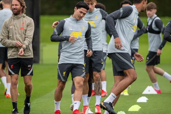 LIVERPOOL, ENGLAND - Tuesday, September 14, 2021: Liverpool's Takumi Minamino during a training session at the AXA Training Centre ahead of the UEFA Champions League Group B Matchday 1 game between Liverpool FC and AC MIlan. (Pic by David Rawcliffe/Propaganda)