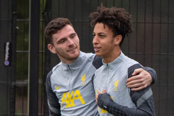 LIVERPOOL, ENGLAND - Tuesday, September 14, 2021: Liverpool's Andy Robertson (L) and Kaide Gordon during a training session at the AXA Training Centre ahead of the UEFA Champions League Group B Matchday 1 game between Liverpool FC and AC MIlan. (Pic by David Rawcliffe/Propaganda)