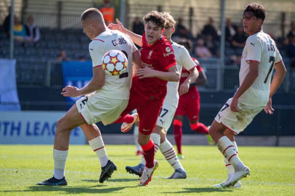 LIVERPOOL, ENGLAND - Wednesday, September 15, 2021: Liverpool's Owen Beck is blocked by AC Milan's Andrei Coubis, but was shown a yellow card, during the UEFA Youth League Group B Matchday 1 game between Liverpool FC Under19's and AC Milan Under 19's at the Liverpool Academy. (Pic by David Rawcliffe/Propaganda)