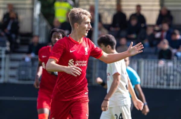 LIVERPOOL, ENGLAND - Wednesday, September 15, 2021: Liverpool's Max Woltman celebrates after scoring the first goal during the UEFA Youth League Group B Matchday 1 game between Liverpool FC Under19's and AC Milan Under 19's at the Liverpool Academy. (Pic by David Rawcliffe/Propaganda)