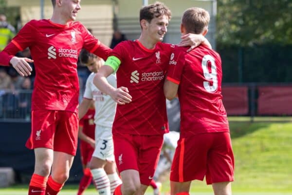 LIVERPOOL, ENGLAND - Wednesday, September 15, 2021: Liverpool's Max Woltman (R) celebrates after scoring the first goal during the UEFA Youth League Group B Matchday 1 game between Liverpool FC Under19's and AC Milan Under 19's at the Liverpool Academy. (Pic by David Rawcliffe/Propaganda)