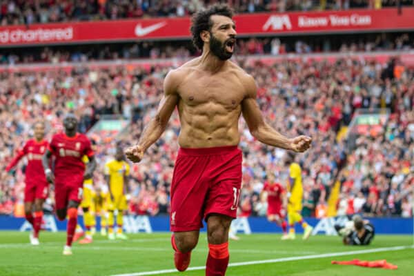 LIVERPOOL, ENGLAND - Saturday, September 18, 2021: Liverpool's Mohamed Salah celebrates after scoring the second goal during the FA Premier League match between Liverpool FC and Crystal Palace FC at Anfield. (Pic by David Rawcliffe/Propaganda)