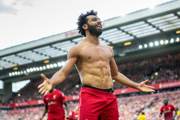 LIVERPOOL, ENGLAND - Saturday, September 18, 2021: Liverpool's Mohamed Salah celebrates after scoring the second goal during the FA Premier League match between Liverpool FC and Crystal Palace FC at Anfield. (Pic by David Rawcliffe/Propaganda)