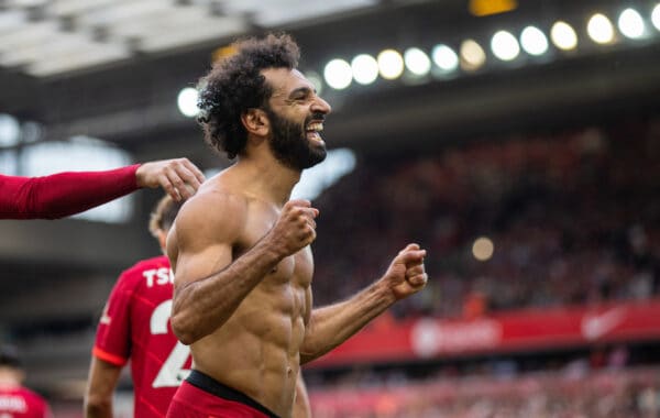 LIVERPOOL, ENGLAND - Saturday, September 18, 2021: Liverpool's Mohamed Salah celebrates after scoring the second goal during the FA Premier League match between Liverpool FC and Crystal Palace FC at Anfield. (Pic by David Rawcliffe/Propaganda)