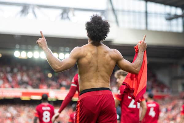 LIVERPOOL, ENGLAND - Saturday, September 18, 2021: Liverpool's Mohamed Salah celebrates after scoring the second goal during the FA Premier League match between Liverpool FC and Crystal Palace FC at Anfield. (Pic by David Rawcliffe/Propaganda)