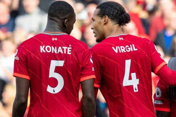 LIVERPOOL, ENGLAND - Saturday, September 18, 2021: Liverpool's Ibrahima Konate and Virgil van Dijk during the FA Premier League match between Liverpool FC and Crystal Palace FC at Anfield. (Pic by David Rawcliffe/Propaganda)