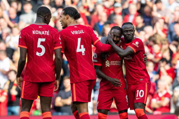 LIVERPOOL, ENGLAND - Saturday, September 18, 2021: Liverpool's Naby Keita (C) celebrates after scoring the third goal during the FA Premier League match between Liverpool FC and Crystal Palace FC at Anfield. (Pic by David Rawcliffe/Propaganda)