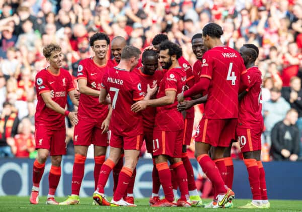 LIVERPOOL, ENGLAND - Saturday, September 18, 2021: Liverpool's Naby Keita (C) celebrates after scoring the third goal during the FA Premier League match between Liverpool FC and Crystal Palace FC at Anfield. (Pic by David Rawcliffe/Propaganda)