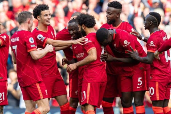 LIVERPOOL, ENGLAND - Saturday, September 18, 2021: Liverpool's Naby Keita (C) celebrates after scoring the third goal during the FA Premier League match between Liverpool FC and Crystal Palace FC at Anfield. (Pic by David Rawcliffe/Propaganda)