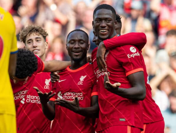 LIVERPOOL, ENGLAND - Saturday, September 18, 2021: Liverpool's Naby Keita (C) celebrates after scoring the third goal during the FA Premier League match between Liverpool FC and Crystal Palace FC at Anfield. (Pic by David Rawcliffe/Propaganda)