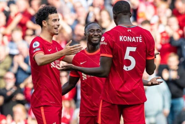 LIVERPOOL, ENGLAND - Saturday, September 18, 2021: Liverpool's Naby Keita (C) celebrates after scoring the third goal during the FA Premier League match between Liverpool FC and Crystal Palace FC at Anfield. (Pic by David Rawcliffe/Propaganda)