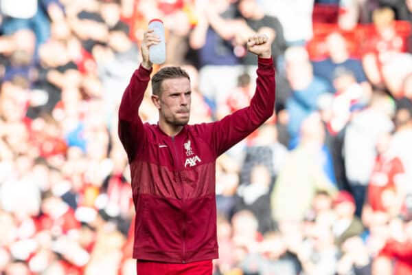 LIVERPOOL, ENGLAND - Saturday, September 18, 2021: Liverpool's captain Jordan Henderson celebrates after the FA Premier League match between Liverpool FC and Crystal Palace FC at Anfield. (Pic by David Rawcliffe/Propaganda)