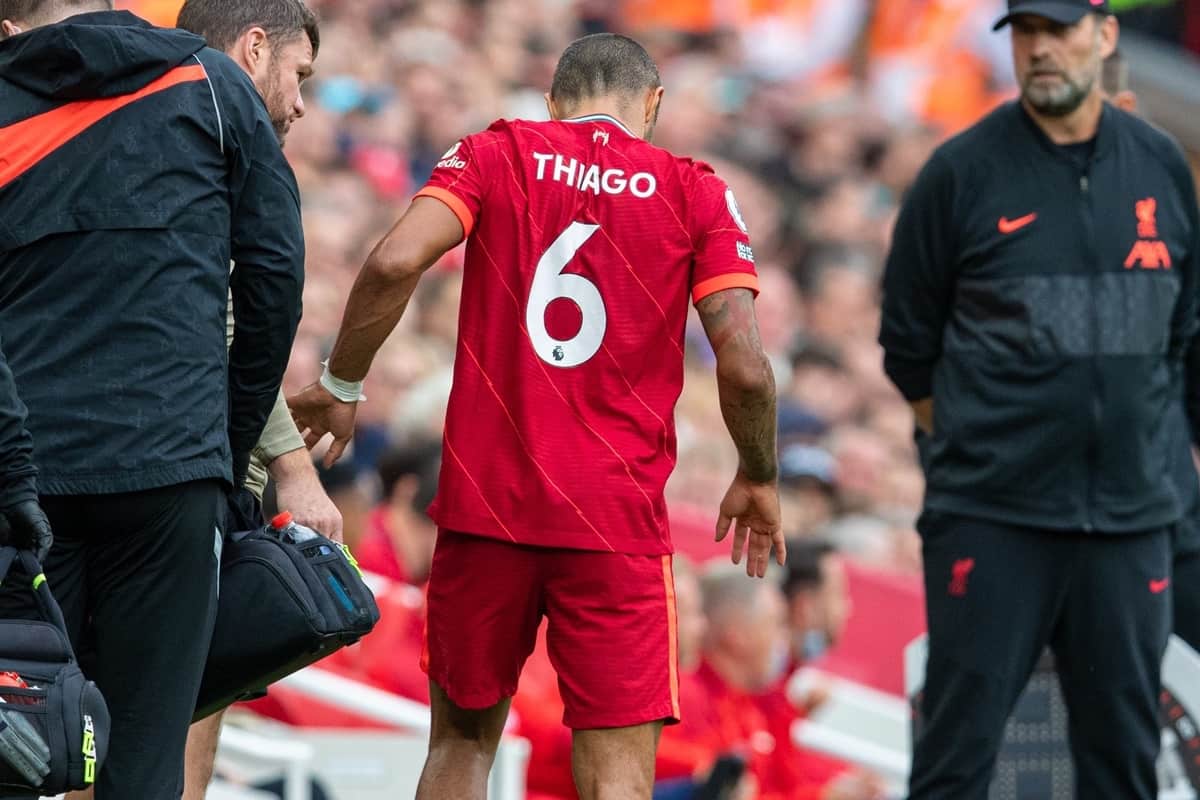 LIVERPOOL, ENGLAND - Saturday, September 18, 2021: Liverpool's Thiago Alcantara limps off with an injury during the FA Premier League match between Liverpool FC and Crystal Palace FC at Anfield. (Pic by David Rawcliffe/Propaganda)