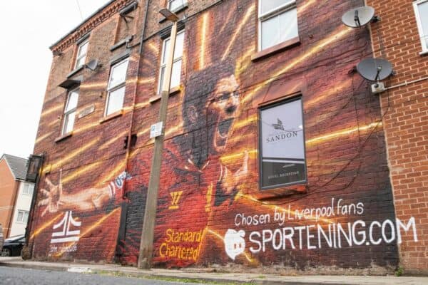 LIVERPOOL, ENGLAND - Saturday, September 18, 2021: A street art mural of former Liverpool captain Steven Gerrard pictured before the FA Premier League match between Liverpool FC and Crystal Palace FC at Anfield. (Pic by David Rawcliffe/Propaganda)