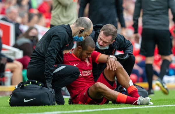 LIVERPOOL, ENGLAND - Saturday, September 18, 2021: Liverpool's Thiago Alcantara is treated for an injury during the FA Premier League match between Liverpool FC and Crystal Palace FC at Anfield. (Pic by David Rawcliffe/Propaganda)