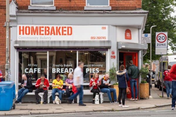 LIVERPOOL, ENGLAND - Saturday, September 18, 2021: Liverpool's supporters sit outside HomeBaked before the FA Premier League match between Liverpool FC and Crystal Palace FC at Anfield. (Pic by David Rawcliffe/Propaganda)