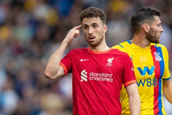 LIVERPOOL, ENGLAND - Saturday, September 18, 2021: Liverpool's Diogo Jota during the FA Premier League match between Liverpool FC and Crystal Palace FC at Anfield. (Pic by David Rawcliffe/Propaganda)