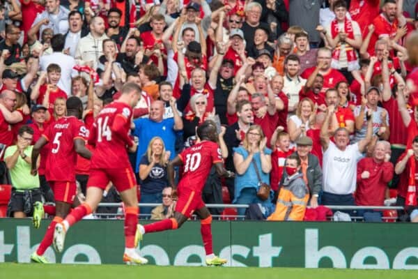 LIVERPOOL, ENGLAND - Saturday, September 18, 2021: Liverpool's Sadio Mané celebrates after scoring the first goal during the FA Premier League match between Liverpool FC and Crystal Palace FC at Anfield. (Pic by David Rawcliffe/Propaganda)