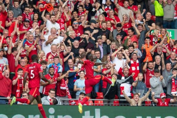 LIVERPOOL, ENGLAND - Saturday, September 18, 2021: Liverpool's Sadio Mané celebrates after scoring the first goal during the FA Premier League match between Liverpool FC and Crystal Palace FC at Anfield. (Pic by David Rawcliffe/Propaganda)