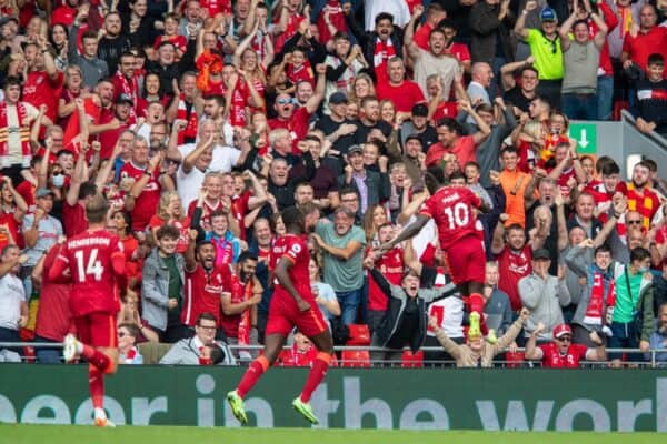 LIVERPOOL, ENGLAND - Saturday, September 18, 2021: Liverpool's Sadio Mané celebrates after scoring the first goal during the FA Premier League match between Liverpool FC and Crystal Palace FC at Anfield. (Pic by David Rawcliffe/Propaganda)