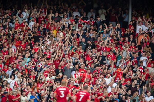 LIVERPOOL, ENGLAND - Saturday, September 18, 2021: Liverpool supporters celebrates after the first goal during the FA Premier League match between Liverpool FC and Crystal Palace FC at Anfield. (Pic by David Rawcliffe/Propaganda)