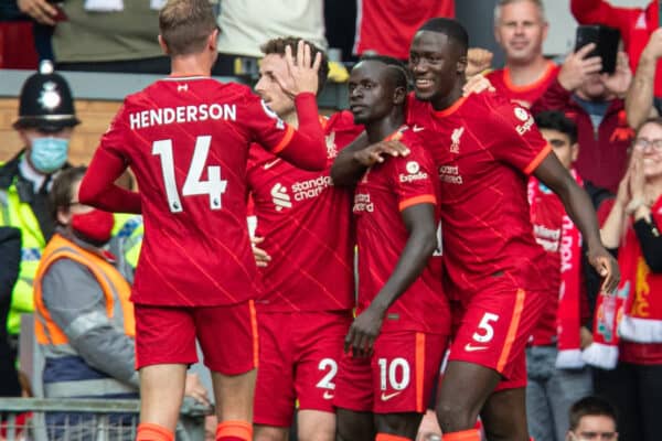 LIVERPOOL, ENGLAND - Saturday, September 18, 2021: Liverpool's Sadio Mané (C) celebrates with team-mates after scoring the first goal during the FA Premier League match between Liverpool FC and Crystal Palace FC at Anfield. (Pic by David Rawcliffe/Propaganda)