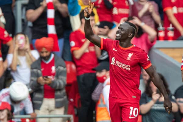 LIVERPOOL, ENGLAND - Saturday, September 18, 2021: Liverpool's Sadio Mané celebrates after scoring the first goal during the FA Premier League match between Liverpool FC and Crystal Palace FC at Anfield. (Pic by David Rawcliffe/Propaganda)