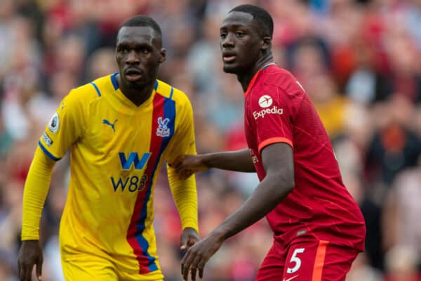 LIVERPOOL, ENGLAND - Saturday, September 18, 2021: Liverpool's Ibrahima Konaté (R) and Crystal Palace's Christian Benteke during the FA Premier League match between Liverpool FC and Crystal Palace FC at Anfield. (Pic by David Rawcliffe/Propaganda)