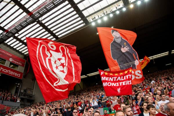 LIVERPOOL, ENGLAND - Saturday, September 18, 2021: Liverpool supporters' banners Kop before the FA Premier League match between Liverpool FC and Crystal Palace FC at Anfield. (Pic by David Rawcliffe/Propaganda)