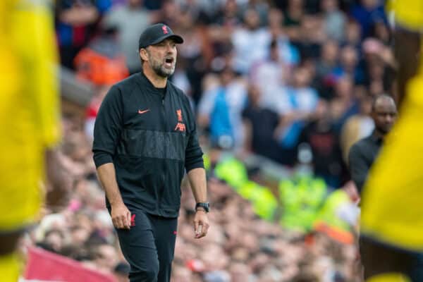 LIVERPOOL, ENGLAND - Saturday, September 18, 2021: Liverpool's manager Jürgen Klopp during the FA Premier League match between Liverpool FC and Crystal Palace FC at Anfield. (Pic by David Rawcliffe/Propaganda)