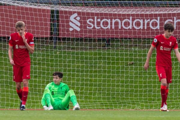 WOLVERHAMPTON, ENGLAND - Sunday, August 29, 2021: Liverpool's goalkeeper Marcelo Pitaluga looks dejected as Leeds United score the third goal during the FA Premier League match between Wolverhampton Wanderers FC and Manchester United FC at Molineux Stadium. (Pic by David Rawcliffe/Propaganda)