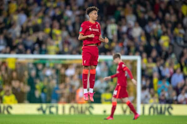 NORWICH, ENGLAND - Tuesday, September 21, 2021: Liverpool's Kaide Gordon before the Football League Cup 3rd Round match between Norwich City FC and Liverpool FC at Carrow Road. (Pic by David Rawcliffe/Propaganda)