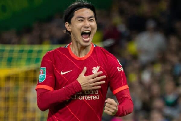 NORWICH, ENGLAND - Tuesday, September 21, 2021: Liverpool's Takumi Minamino celebrates after scoring the first goal during the Football League Cup 3rd Round match between Norwich City FC and Liverpool FC at Carrow Road. (Pic by David Rawcliffe/Propaganda)