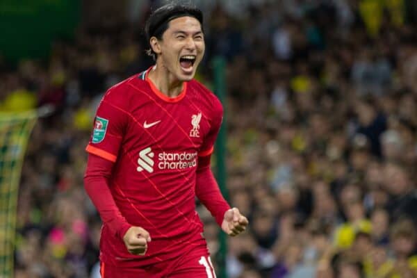 NORWICH, ENGLAND - Tuesday, September 21, 2021: Liverpool's Takumi Minamino celebrates after scoring the first goal during the Football League Cup 3rd Round match between Norwich City FC and Liverpool FC at Carrow Road. (Pic by David Rawcliffe/Propaganda)