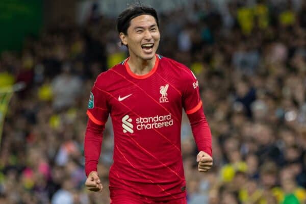 NORWICH, ENGLAND - Tuesday, September 21, 2021: Liverpool's Takumi Minamino celebrates after scoring the first goal during the Football League Cup 3rd Round match between Norwich City FC and Liverpool FC at Carrow Road. (Pic by David Rawcliffe/Propaganda)