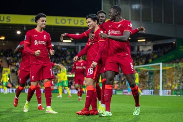 NORWICH, ENGLAND - Tuesday, September 21, 2021: Liverpool's Takumi Minamino (C) celebrates with team-mates after scoring the first goal during the Football League Cup 3rd Round match between Norwich City FC and Liverpool FC at Carrow Road. (Pic by David Rawcliffe/Propaganda)