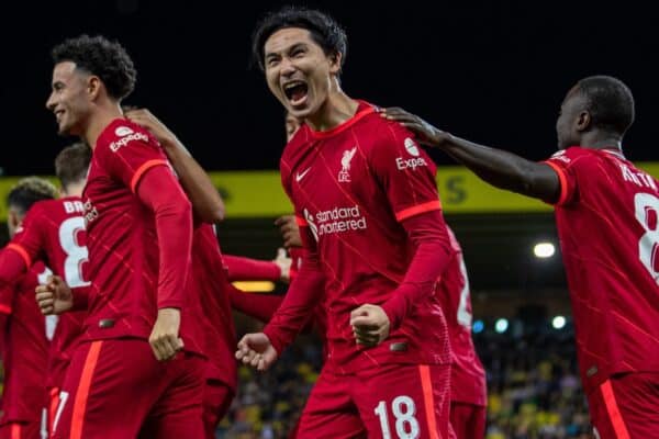 NORWICH, ENGLAND - Tuesday, September 21, 2021: Liverpool's Takumi Minamino (C) celebrates with team-mates after scoring the first goal during the Football League Cup 3rd Round match between Norwich City FC and Liverpool FC at Carrow Road. (Pic by David Rawcliffe/Propaganda)