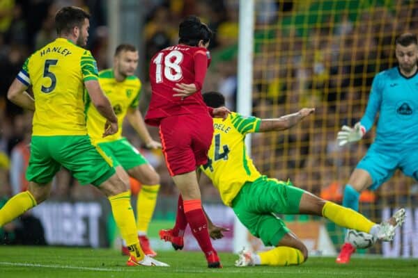 NORWICH, ENGLAND - Tuesday, September 21, 2021: Liverpool's Takumi Minamino scores the first goal during the Football League Cup 3rd Round match between Norwich City FC and Liverpool FC at Carrow Road. (Pic by David Rawcliffe/Propaganda)