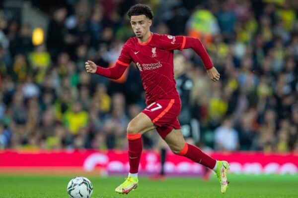 NORWICH, ENGLAND - Tuesday, September 21, 2021: Liverpool's Curtis Jones during the Football League Cup 3rd Round match between Norwich City FC and Liverpool FC at Carrow Road. (Pic by David Rawcliffe/Propaganda)