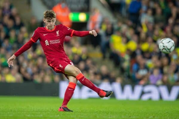 NORWICH, ENGLAND - Tuesday, September 21, 2021: Liverpool's Conor Bradley during the Football League Cup 3rd Round match between Norwich City FC and Liverpool FC at Carrow Road. (Pic by David Rawcliffe/Propaganda)