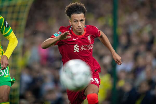 NORWICH, ENGLAND - Tuesday, September 21, 2021: Liverpool's Kaide Gordon during the Football League Cup 3rd Round match between Norwich City FC and Liverpool FC at Carrow Road. (Pic by David Rawcliffe/Propaganda)