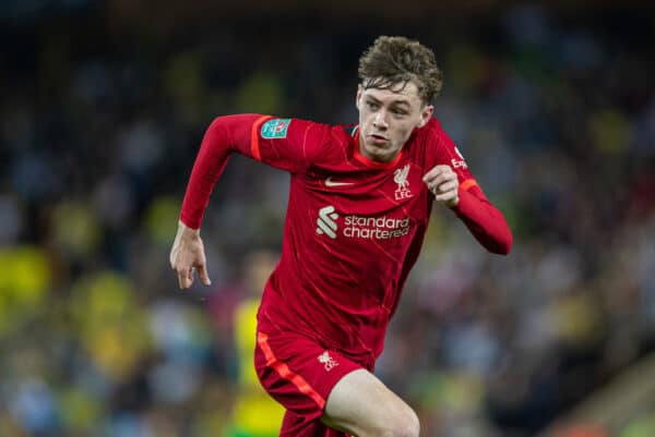 NORWICH, ENGLAND - Tuesday, September 21, 2021: Liverpool's Conor Bradley during the Football League Cup 3rd Round match between Norwich City FC and Liverpool FC at Carrow Road. (Pic by David Rawcliffe/Propaganda)