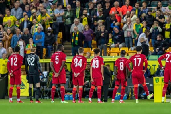 NORWICH, ENGLAND - Tuesday, September 21, 2021: Liverpool players with various squad numbers before the Football League Cup 3rd Round match between Norwich City FC and Liverpool FC at Carrow Road. (Pic by David Rawcliffe/Propaganda)