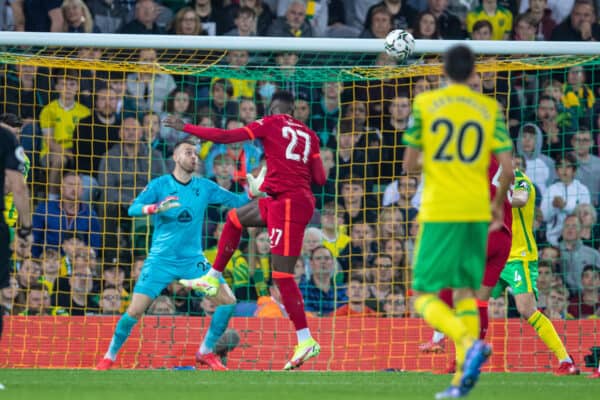 NORWICH, ENGLAND - Tuesday, September 21, 2021: Liverpool's Divock Origi scores the second goal with a header during the Football League Cup 3rd Round match between Norwich City FC and Liverpool FC at Carrow Road. (Pic by David Rawcliffe/Propaganda)