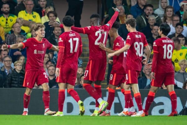 NORWICH, ENGLAND - Tuesday, September 21, 2021: Liverpool's Kostas Tsimikas (L) celebrates wuth goal-scorer Divock Origi (#27) after the second goal during the Football League Cup 3rd Round match between Norwich City FC and Liverpool FC at Carrow Road. (Pic by David Rawcliffe/Propaganda)