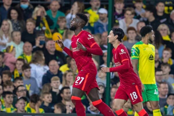 NORWICH, ENGLAND - Tuesday, September 21, 2021: Liverpool's Divock Origi celebrates after scoring the second goal during the Football League Cup 3rd Round match between Norwich City FC and Liverpool FC at Carrow Road. (Pic by David Rawcliffe/Propaganda)