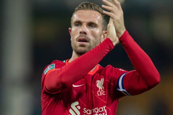 NORWICH, ENGLAND - Tuesday, September 21, 2021: Liverpool's captain Jordan Henderson applauds the travelling supporters after the Football League Cup 3rd Round match between Norwich City FC and Liverpool FC at Carrow Road. Liverpool won 3-0. (Pic by David Rawcliffe/Propaganda)