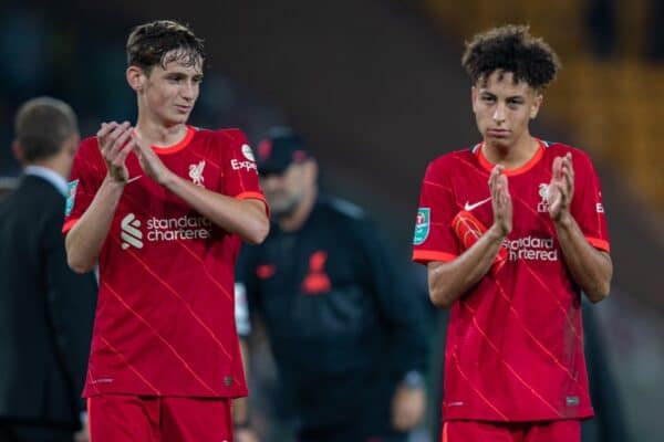 NORWICH, ENGLAND - Tuesday, September 21, 2021: Liverpool's Max Woltman (L) and Kaide Gordon (R) applaud the travelling supporters after the Football League Cup 3rd Round match between Norwich City FC and Liverpool FC at Carrow Road. Liverpool won 3-0. (Pic by David Rawcliffe/Propaganda)