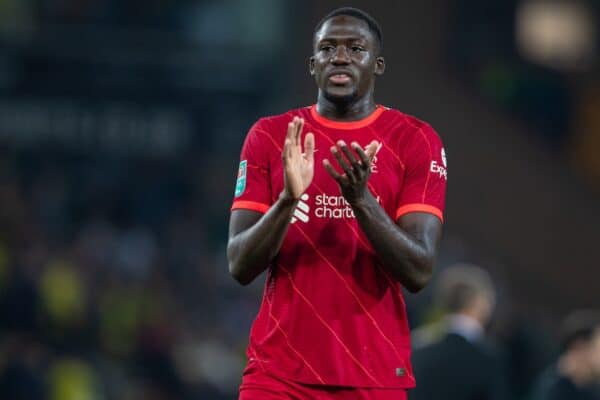 NORWICH, ENGLAND - Tuesday, September 21, 2021: Liverpool's Ibrahima Konaté applauds the travelling supporters after the Football League Cup 3rd Round match between Norwich City FC and Liverpool FC at Carrow Road. Liverpool won 3-0. (Pic by David Rawcliffe/Propaganda)